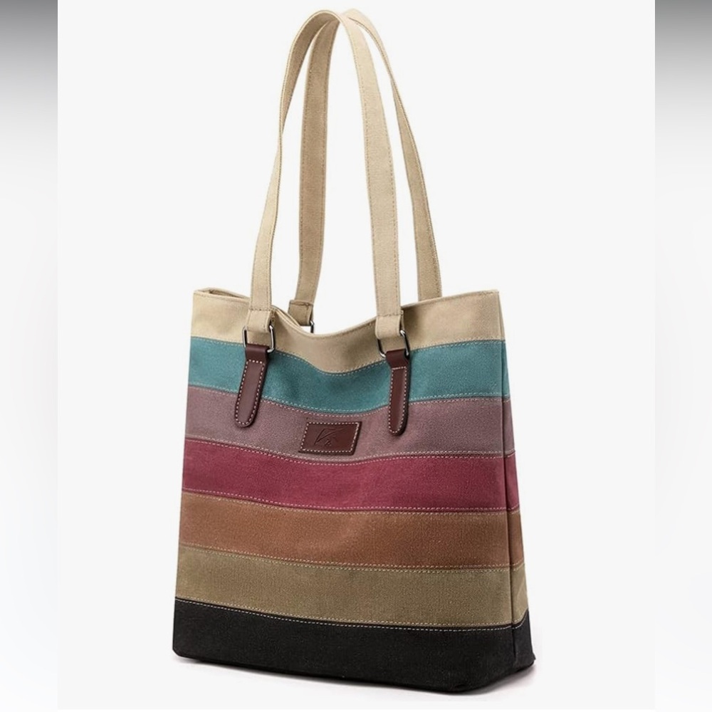 🆕 Canvas Handbag Multi-Color Striped Lattice Cross Body Shoulder Purse Bag Tote - Picture 7 of 7